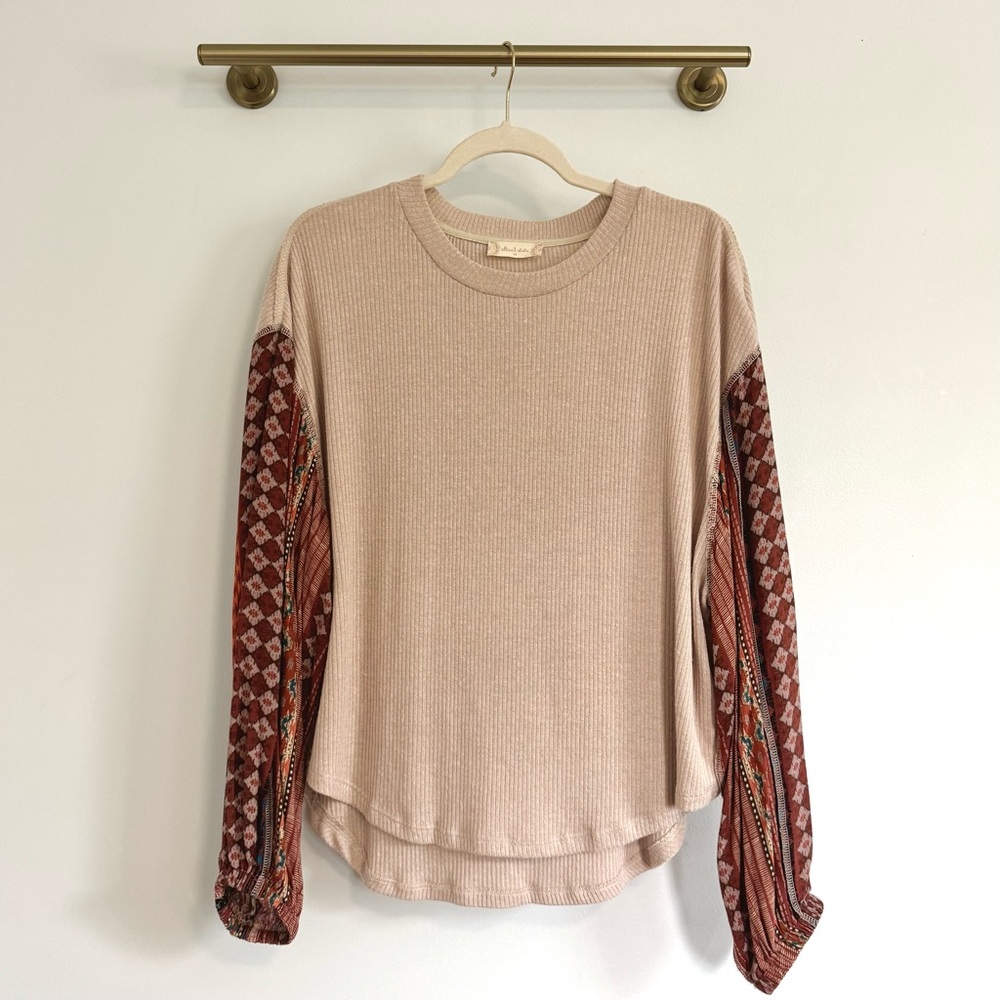 Altar'd State Ribbed Beige Top with Patterned Bishop Sleeves
